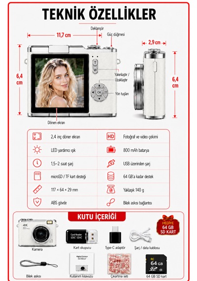 Solvis SOLVİSW Dijital Retro Fotoğraf Makinesi + 64 GB Sd Kart