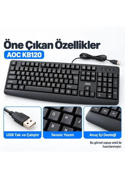 Aoc Kb120 Türkçe Q Usb Kablolu Sessiz Klavye Siyah