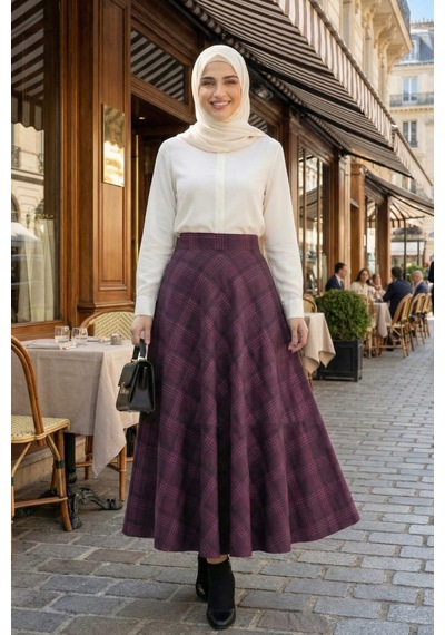 Hb Harma Time Butik Kadın Ekose Kumaş Desenli Bordo Etek