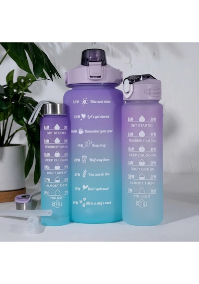 3'lü Motivasyon Suluk Seti 2000 Ml - 750 Ml - 300 Ml Zaman Çizelgeli & Bpa İçermez Tritan Matara Çok Renkli