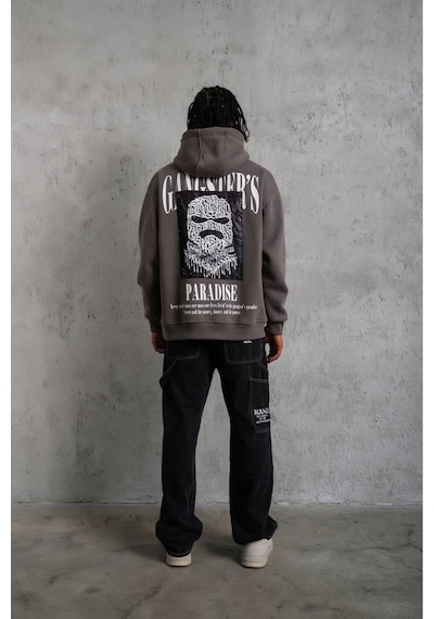Erkek 3 İplik Pamuklu Baskılı Kapüşonlu Cepli Sweatshirt Hoodie - Gri