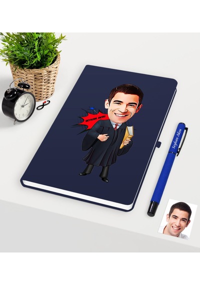 Kişiye Özel Bay Avukat Karikatürlü Lacivert Defter Kalem Seti - 1