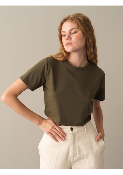 Xint Haki Regular Fit Bisiklet Yaka Pamuklu Modal Crop 602268