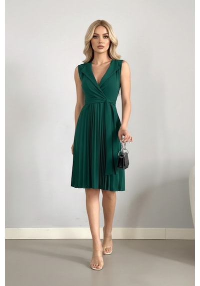 Defymoda Kadın Plise Detaylı Kuşaklı Modern Elbise Yeşil