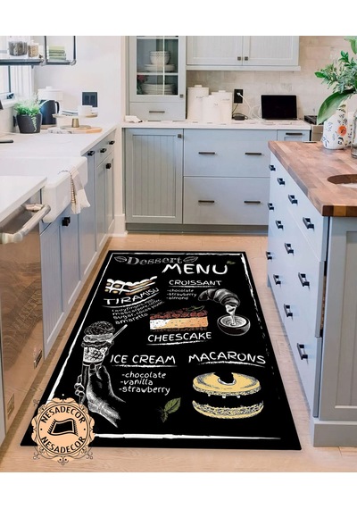 Menu Desenli Dekoratif Halı Makinede Yıkanabilir Yolluk Siyah