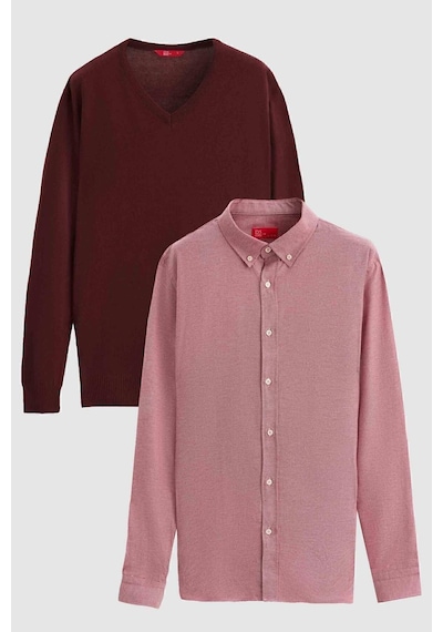 D'S Damat Ds Damat Slim Fit Bordo Pamuk Karışımlı 2'Li V Yaka Triko Ve Gömlek 1HC0206VBN01 Bordo