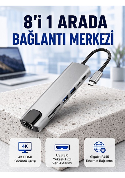 Shnstore Seyahat Dostu 8 İn 1 Hub Şarj & Veri & Video & Ağ İçin Eksiksiz Çözüm Kopya Shntknd0720