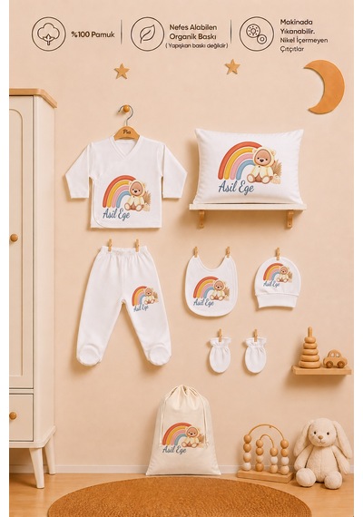 Pia Baby Kişiye Özel %100 Pamuk Erkek Bebek Hastane Çıkışı Zıbın Seti 8 Parça Kese Hediyeli 2013zybk3x Ekru