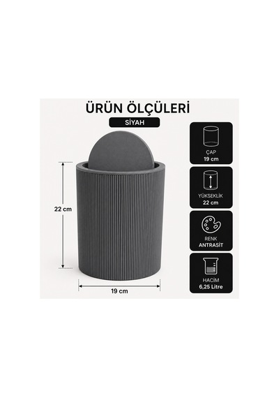 Novaflip Açılır Kapaklı Yuvarlak Çöp Kovası 6,25 L Kompakt & Modern Tasarım 22 19 Cm Antrasit Gri