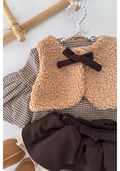 Minigimin Cicileri Peluş Yelekli Ekose Bluzlu Etekli Bloomer Kız Bebek 3 Lü Takım - Kahve