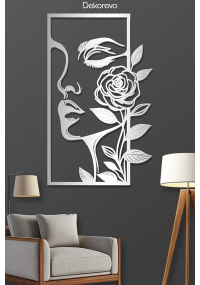 Kadın Ve Gül Metal Duvar Tablosu - Metal Duvar Sanatı - Gümüş - 50 X 75 Cm