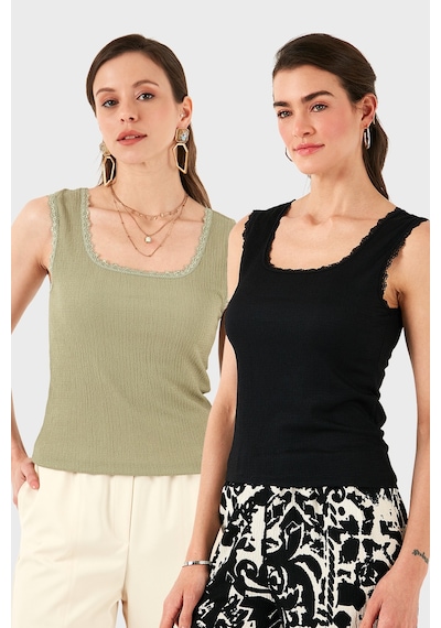Lela Slim Fit Kalın Dantelli Kare Yaka Bürümcük 2'Li Paket Bayan Atlet 5864979S2 Siyah-Olive