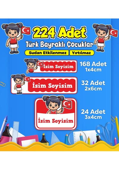 Türk Bayraklı Çocuklar Okul Kreş Kişiye Özel İsim Etiket Seti - Model 484 Çok Renkli