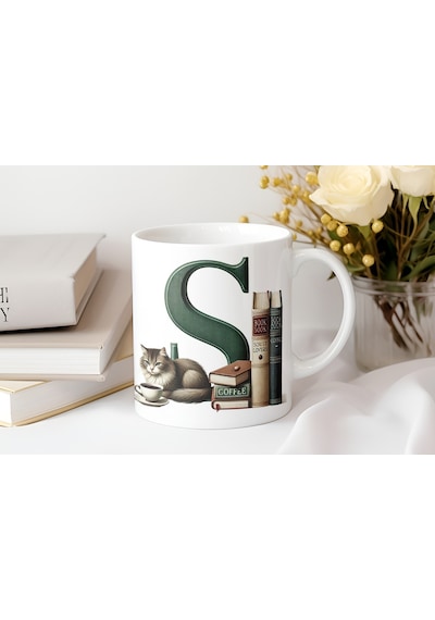 S Harf Kedi Ve Kitaplar Figürleri İle Kupa Bardak - Kitap Ve Kedi Severlere Özel - Manevi Hediye Beyaz
