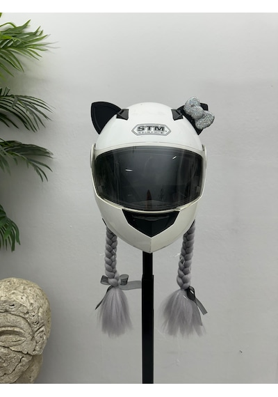 Motor & Motosiklet Gri Simli Çift Örgü Saç Ve Hologram Fiyonklu Kedi Kulak Set Kask Dış Aksesuarı Diğer