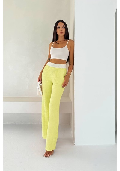 Gugus Kadın Gofre Beli Güpür Lastikli Wide Lege Yazlık Pantolon Sarı