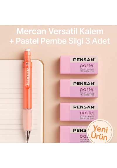 Mercan Versatil Kalem + Pastel Pembe Silgi 3 Adet Mercan