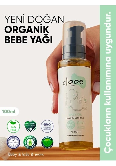 Clooe Organik Bebek Yağı 100 ML Zeytinyağı - Badem Yağı - Jojoba Yağı - Yenidoğan Kullanımına Uygun