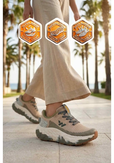 Walkway Bej Fileli Hafif Esnek Hafızalı Taban Unisex Spor Ayakkabı Flystep G
