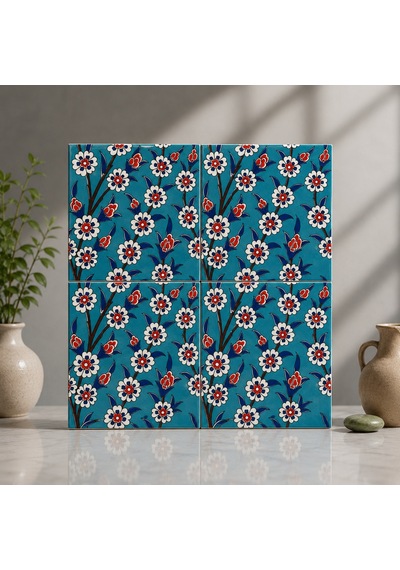 Armada Çini 20x20 Cm Ac 60 Turkuaz Papatya Kütahya Çini Desenli Karo