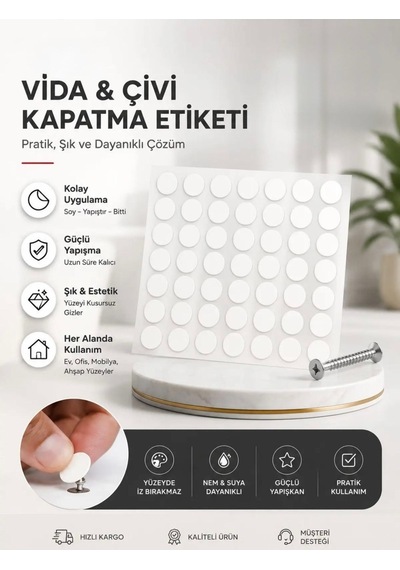 Vida Gizleyici Kendinden Yapışkanlı Yapıştırma Vida Tapası Tıpası Beyaz Vida Kapatıcı Kapağı 100 Adet