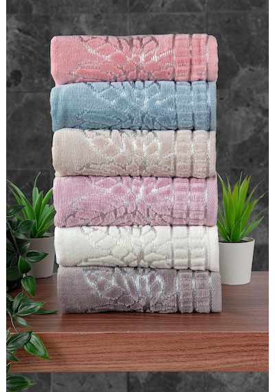 Çınar Jakarlı 6 Lı Kadife Pamuklu El Ve Yüz Havlu Seti 30x50 Cm - 00434- Karışık Renkli Çok Renkli