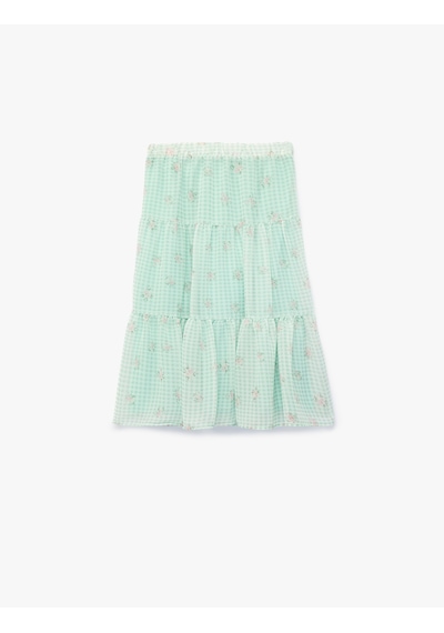 Koton Çiçek Desenli Kat Detaylı Fırfırlı Etek Yeşil Desenli 6skg70171aw