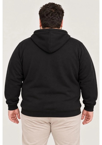 Assema Erkek Battal Büyük Beden Üç İplik İçi Şardonlu Kapüşonlu Tam Fermuarlı Kışlık Sweatshirt - Siyah Çok Renkli