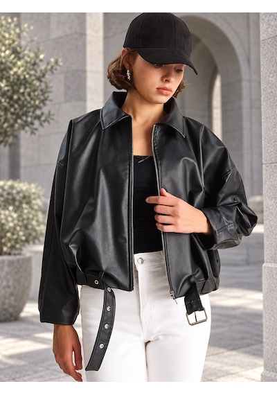 Unika Boutique Kadın Siyah Kemer Detaylı Fermuarlı Oversize Suni Deri Ceket Çok Renkli