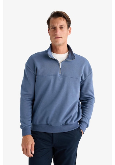 Defacto Relax Fit Dik Yaka Fermuarlı Basic Düz Kalın Sweatshirt E5334AX24WN İndigo