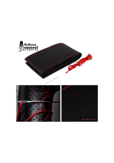 Renault Clio 1 Uyumlu Dikmeli Direksiyon Kılıfı Noktalı kırmızı Ipli ( 38cm×10cm )