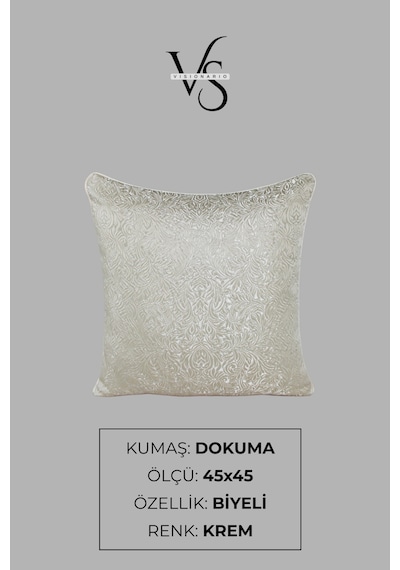Kırlent Kılıfı Desenli Jakarlı Dokuma Kumaş 2'li 45x45 Ve 35x50 Çift Taraflı Biyeli Krem
