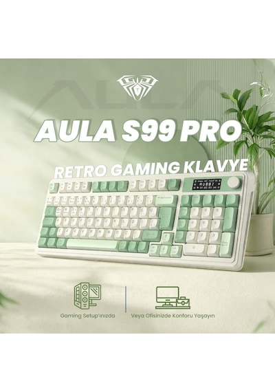 Aula S99 Pro Retro Rgb Gaming Bluetooth 2.4ghz Type-c 3 Mod Kablosuz Makrolu Türkçe Q Oyuncu Klavye Yeşil