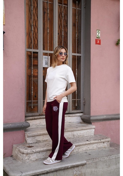 Elaxi Çiçek Nakışlı Modal İkili Takım Bordo