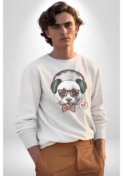 Kulaklıklı Hipster Portre Panda Unisex Beyaz Baskılı Sweatshirt Beyaz