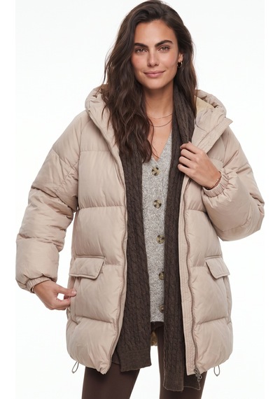Onloox Kadın Bej Bej Polyester Kumaş Yarasa Kol Oversize Kapüşonlu Detaylı Şişme Mont