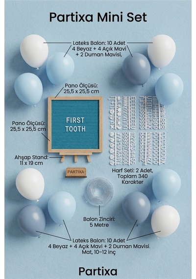 Diş Buğdayı Erkek Bebek Süsleme Mini Set Mavi Keçe Yazı Panosu Standlı Balon Zincirli İlk Dişim Parti Malzemeleri Tüm Yaşlar