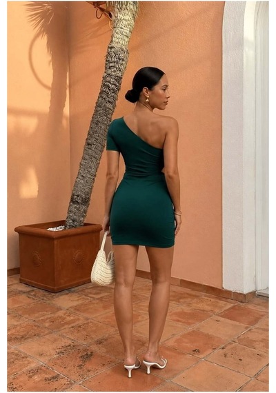 DefyModa Kadın Sade Tek Omuz Büzgülü Mini Elbise Zümrüt