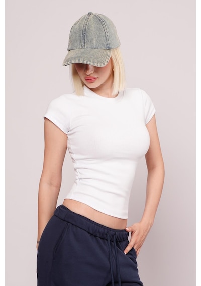 Beyaz Bisiklet Yaka Basic Kadın T-shirt Mg2479 Beyaz
