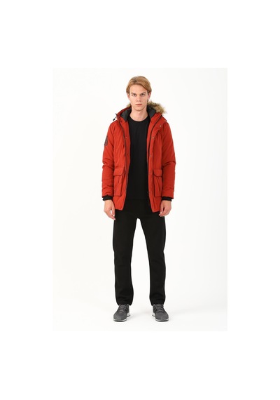 Maraton Sportswear Regular Erkek Kapşonlu Uzun Kol Basic Kiremit-siyah Parka 21302 Kiremit - Siyah