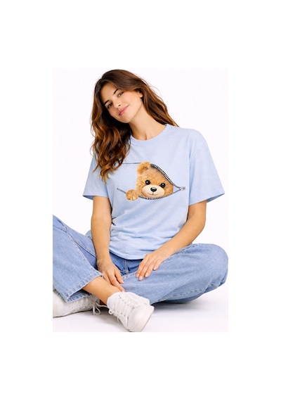 Fermuarlı Ayıcık Baskılı Kadın Tişört Oversize Sevimli Teddy Bear Mavi