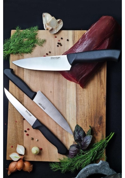 Stevig Cut 4 Chef's Kitchen Şef Ve Sebze Bıçak Seti 17,5 Cm 15 Cm Ve 12,5 Cm St-400.001 - St-400.002 - St-400.003 Siyah