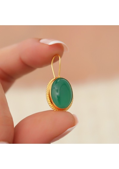Bayar Gold 14 Ayar Altın Yeşil Akik Taşlı Meftüllü Oval Küpe Sarı Altın