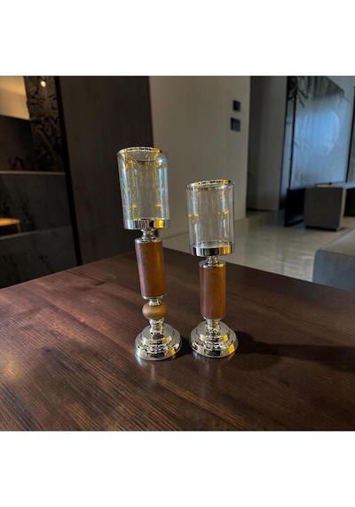 Woodgold Cam Mumluk & Ahşap Detaylı Şamdan Seti İkili Gümüş