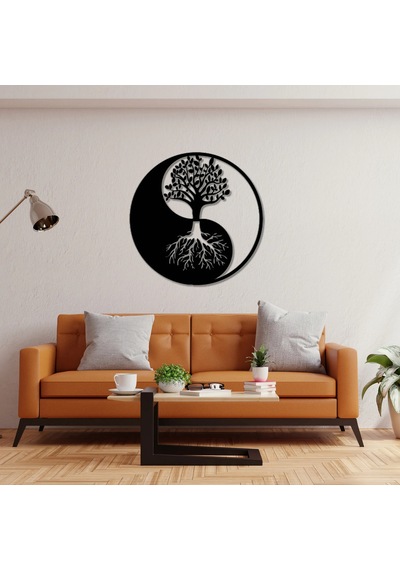 Yin Yang Hayat Ağacı Metal Tablo Siyah
