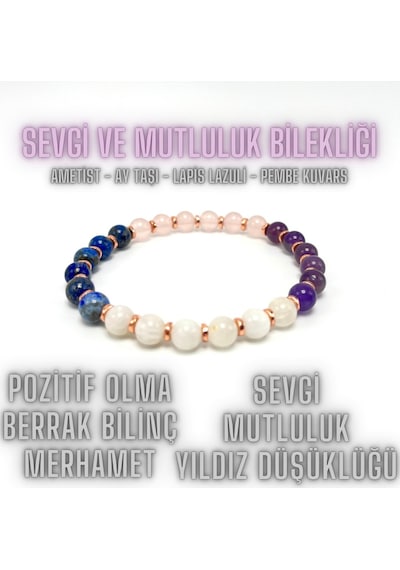Sertifikalı Sevgi Ve Mutluluk Bilekliği Doğal Taş 6mm Misinalı Ay T. Pembe K. Lapis Ametist Çok Renkli