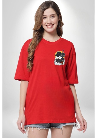 Gangster Panda Kırmızı Oversize Unisex Ön Ve Sırt Baskılı Tişört Kırmızı