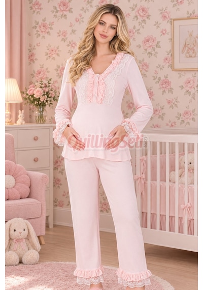 Lady Bebe Pembe Renkli Dantel Detaylı 33208 Uzun Kol 2 Parça Lohusa Hamile Pijama Takımı Açık Pembe