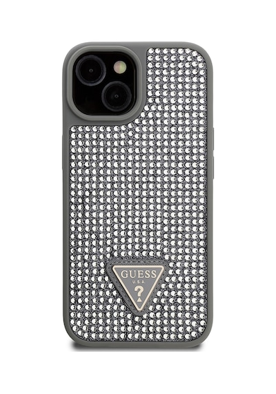 Apple Uyumlu iPhone 14 Kılıf Guess Lisanslı Taşlı Arka Yüzey Üçgen Logolu Kapak Gümüş