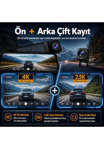 Pasens Araç Dikiz Aynası Dvr 4k Ultra Hd Ön + 1080p Arka Kamera, 10" Ips Dokunmatik Ekran, Wifi & App Kontrolü, Süper Gece Görüş, Bsd